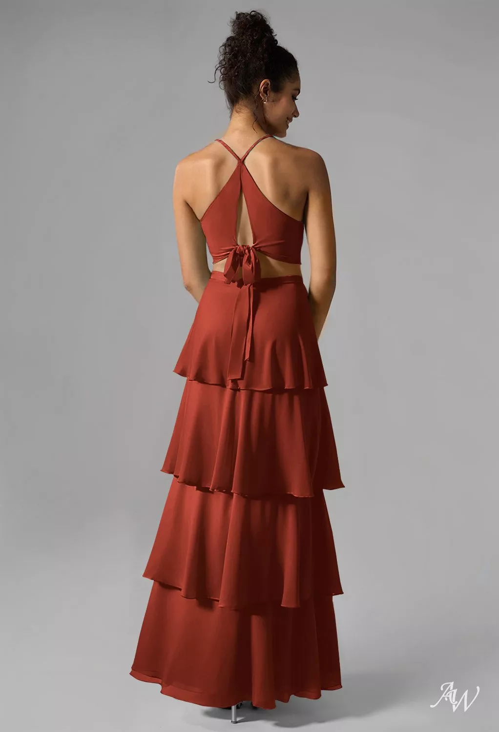 pippa bridesmaid dress AW.Bridal A-line V-Neck Floor Length Sleeveless Spaghetti Straps Pleat Ruffles Tiered Long Dresses Rust Size 6 Color:Mauve-Rose (RosyBrown) Back The matching V silhouette_silklongmaria Sequin Dash Long Sleeve