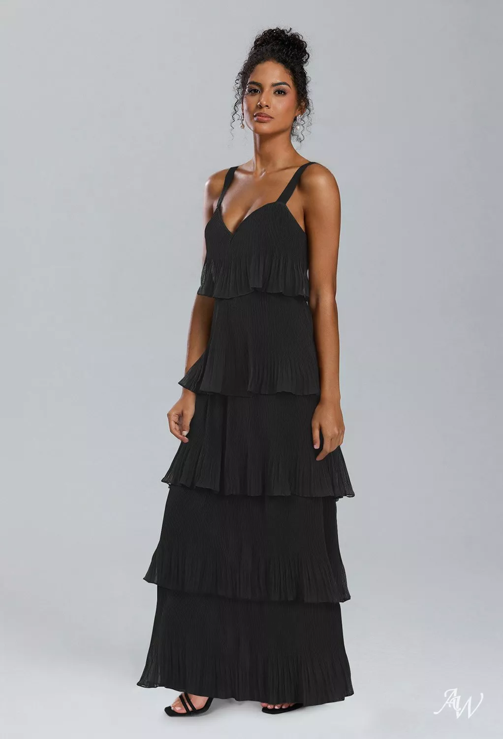 AW.Bridal A-line V-Neck Floor Length Sleeveless Pleat Ruffles Tiered Long Bridesmaid Dresses Dress Black Size 4