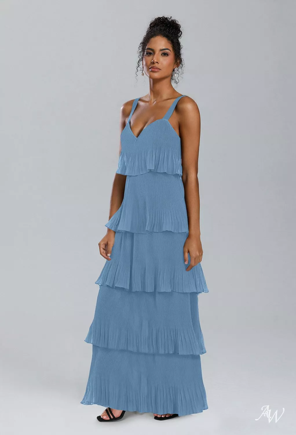 AW.Bridal A-line V-Neck Floor Length Sleeveless Pleat Ruffles Tiered Long Bridesmaid Dresses Dress Dusty Blue Size 18