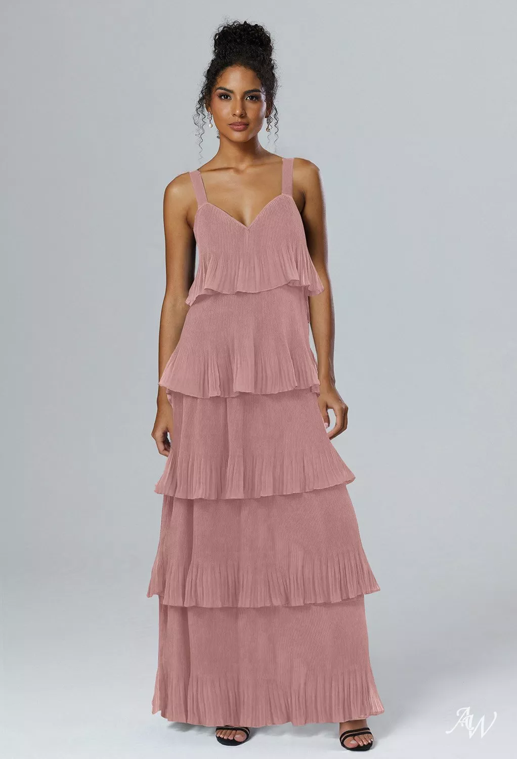 AW.Bridal A-line V-Neck Floor Length Sleeveless Pleat Ruffles Tiered Long Bridesmaid Dresses Dress Dusty Rose Size 18
