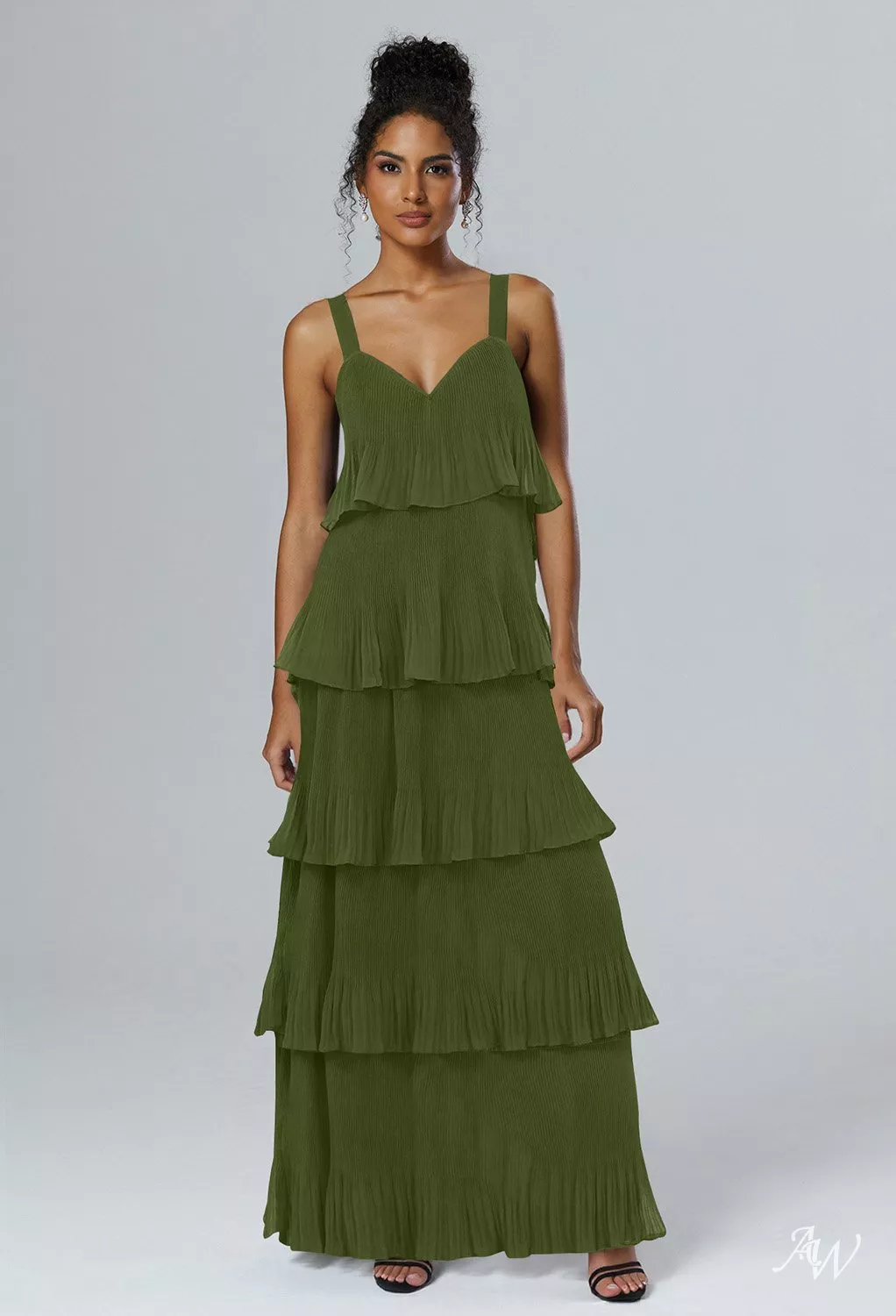open lace back dress Sunshine Eternity Asymmetric Neckline Ruffle Maxi Dress Olive main image 1