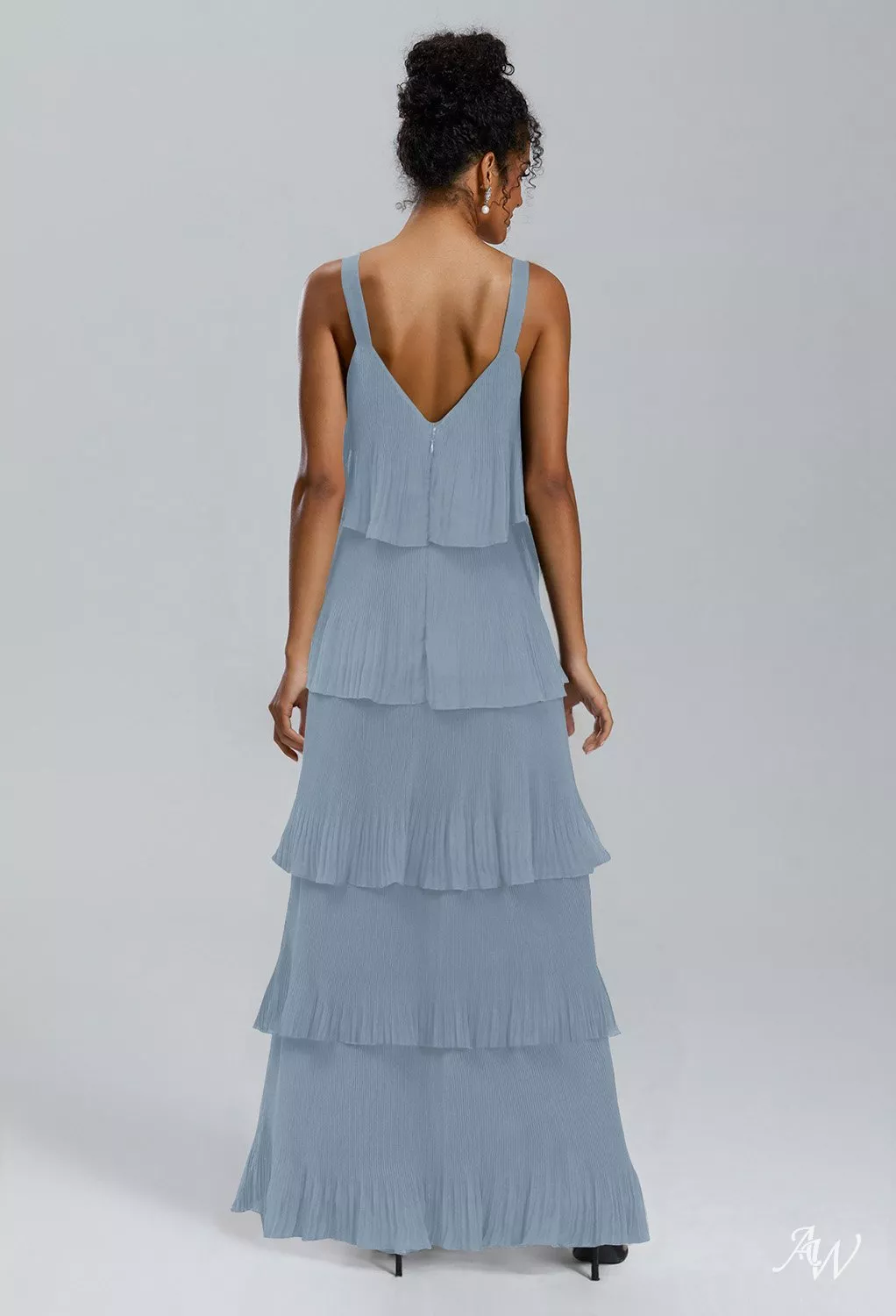 AW.Bridal A-Line V-Neck Floor Length Sleeveless Pleat Ruffles Tiered Long Bridesmaid Dresses Dress Light Dusty Blue Size 4