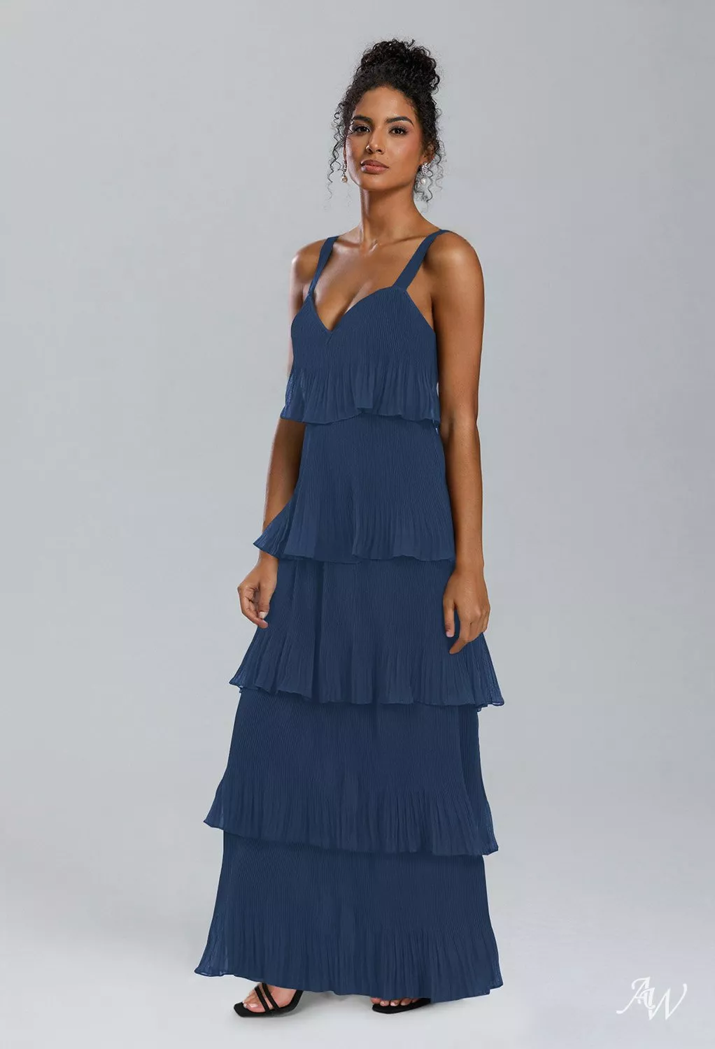 AW.Bridal A-line V-Neck Floor Length Sleeveless Pleat Ruffles Tiered Long Bridesmaid Dresses Dress Navy Size 6