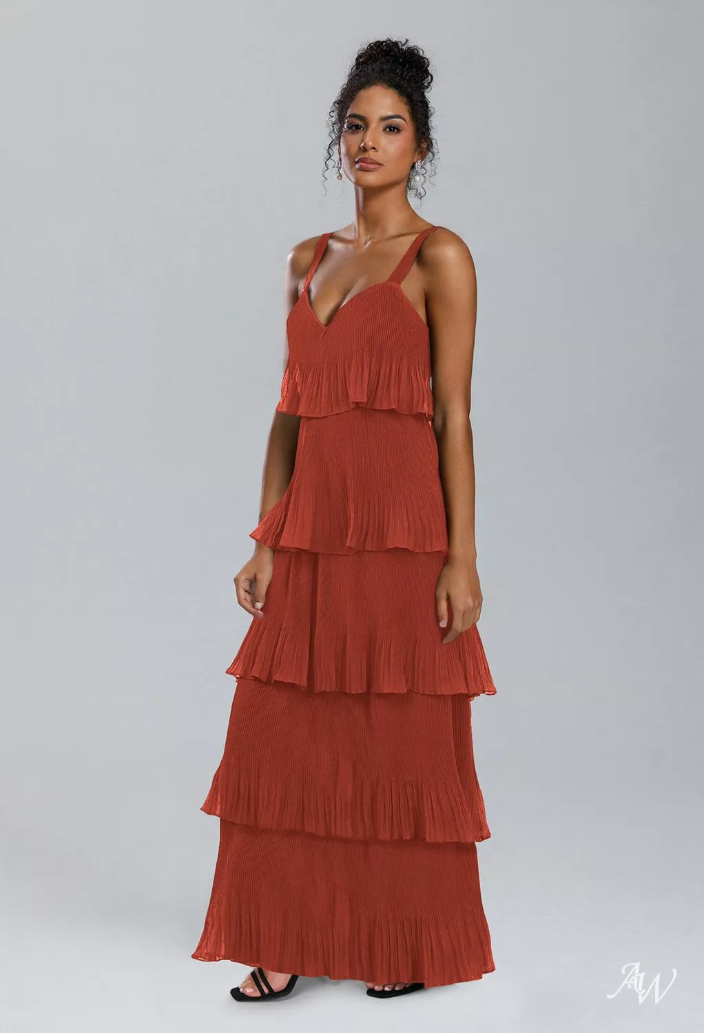 AW.Bridal A-line V-Neck Floor Length Sleeveless Pleat Ruffles Tiered Long Bridesmaid Dresses Dress Rust Size 18