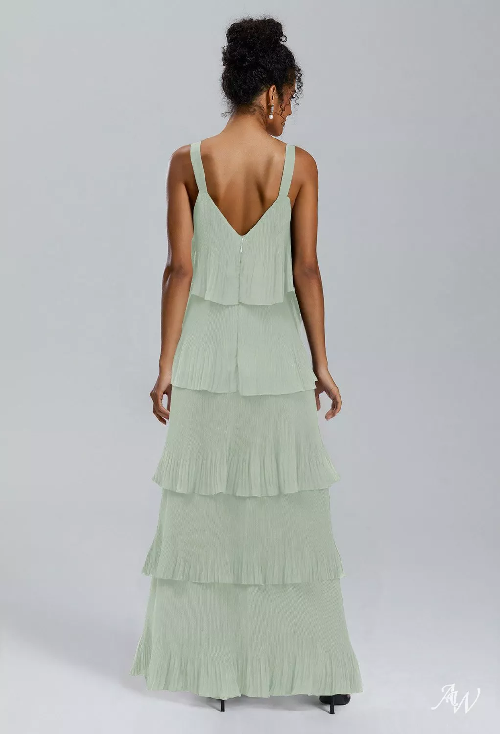AW.Bridal A-line V-Neck Floor Length Sleeveless Pleat Ruffles Tiered Long Bridesmaid Dresses Dress Sage Green Size 8