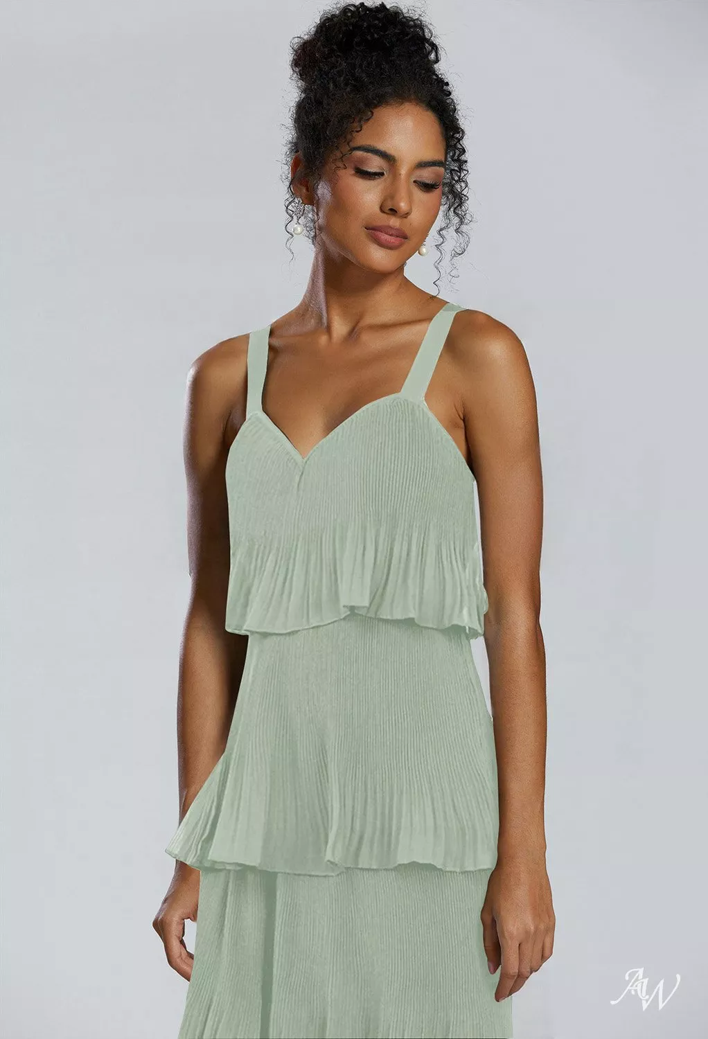 AW.Bridal A-line V-Neck Floor Length Sleeveless Pleat Ruffles Tiered Long Bridesmaid Dresses Dress Sage Green Size 8
