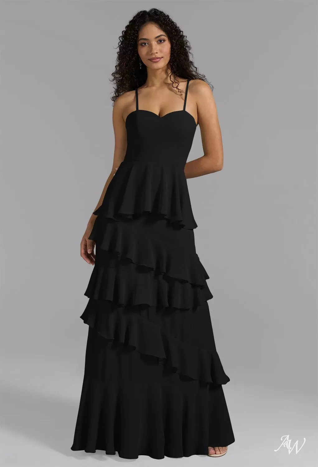 AW.Bridal A-line Sweetheart Neckline Floor Length Sleeveless Spaghetti Straps Ruffles Tiered Long Bridesmaid Dresses Dress Black Size 4
