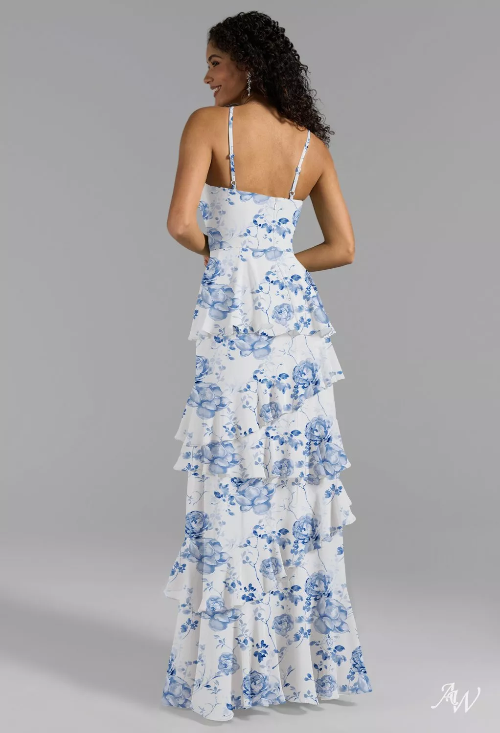 AW.Bridal A-line Sweetheart Neckline Sleeveless Spaghetti Straps Ruffles Tiered Floral Bridesmaid Dresses Floral Dress Blue Botanical Floral Size 16