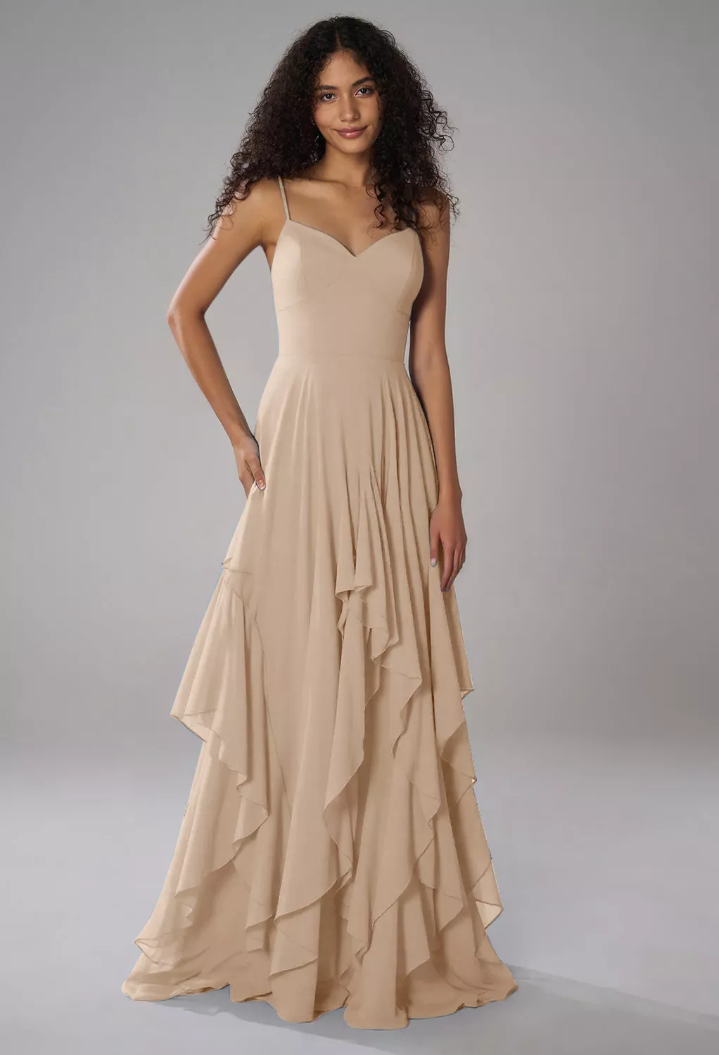 champagne bridesmaid dresses chiffon Champagne Chiffon Slit Flutter Sleeves V-neck Floor Length Bridesmaid Dress