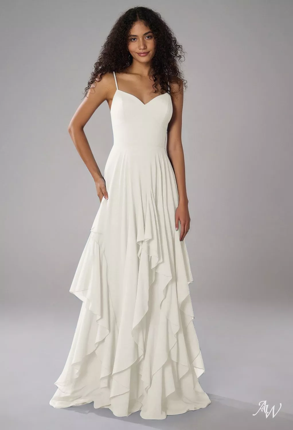 AW.Bridal A-line Sweetheart Neckline Floor Length Sleeveless Spaghetti Straps Ruffles Tiered Wedding Guest Dresses Dress Ivory Size 16