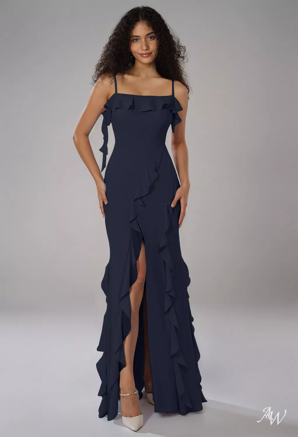 high neck navy bridesmaid dress AW.Bridal Mermaid Scoop/U-Neck Floor Length Sleeveless Spaghetti Straps Ruffles Split Tiered Long Dresses Dark Size 4 Azazie