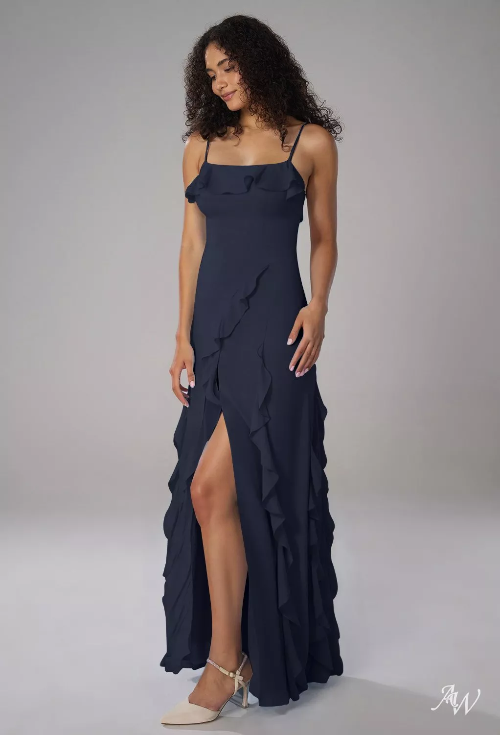 AW.Bridal Mermaid Scoop/U-Neck Floor Length Sleeveless Spaghetti Straps Ruffles Split Tiered Long Bridesmaid Dresses Dress Dark Navy Size 4