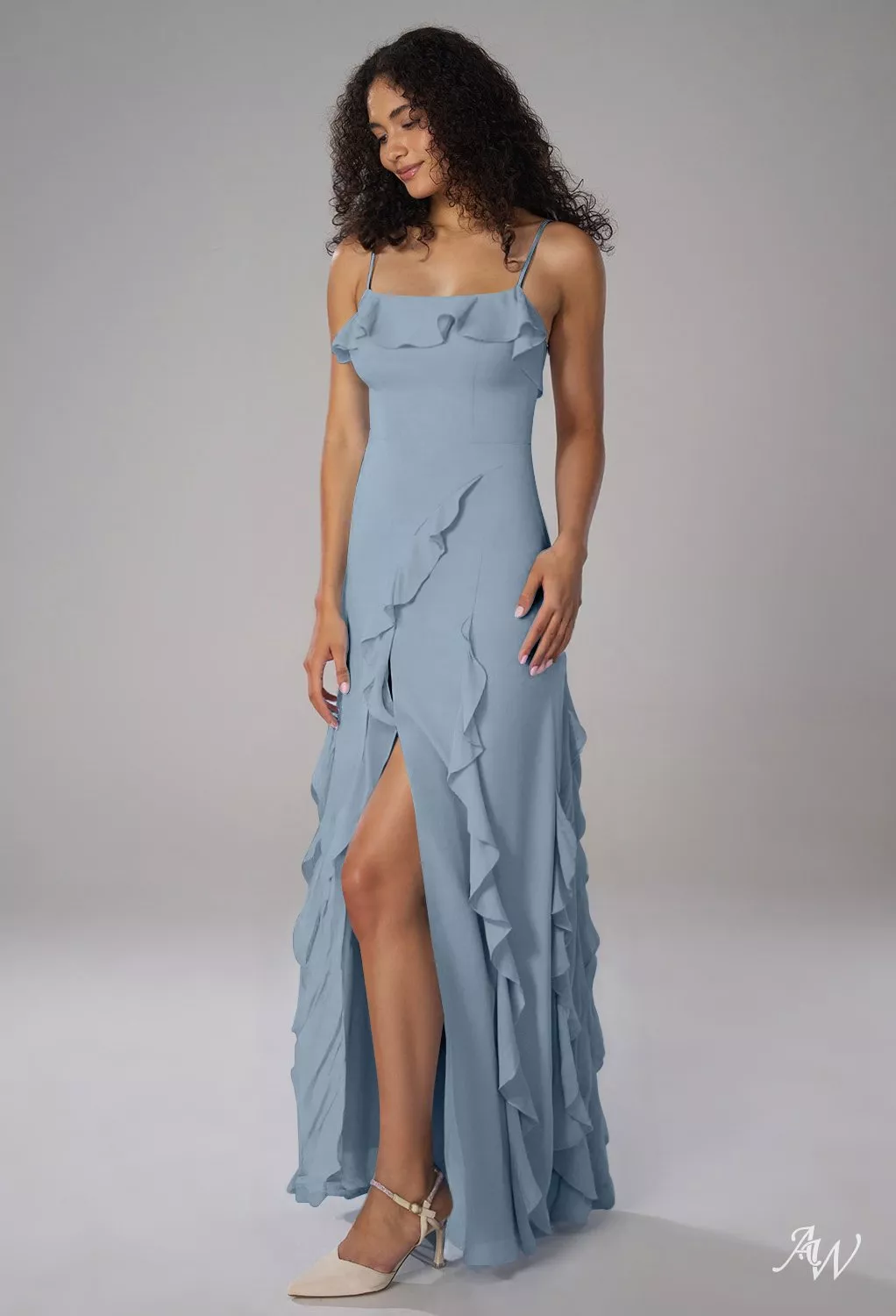 AW.Bridal Mermaid Scoop/U-Neck Floor Length Sleeveless Spaghetti Straps Ruffles Split Tiered Long Bridesmaid Dresses Dress Light Dusty Blue Size 4
