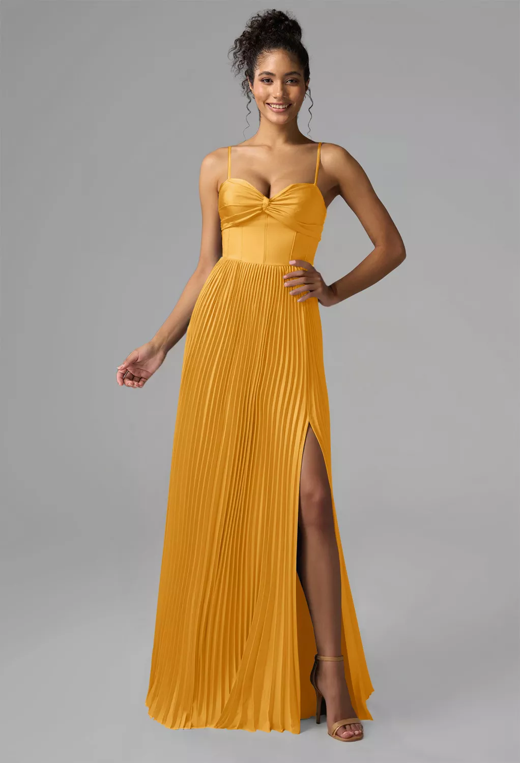 open lace back dress Berylove Women Yellow Flower Wedding Guest Dress V Neck Pleated Ruffles A Line Bridesmaid Dress with Slit, Yellow Flower / US26W