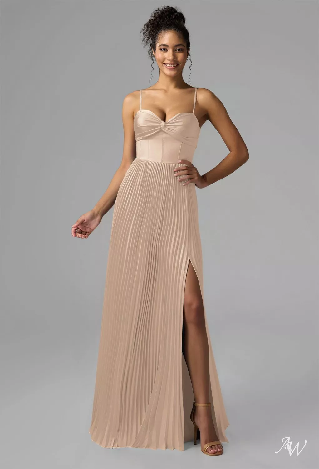 taupe satin dress Azazie Zaya whilst the foldover detail at the neckline creates architectural interest ZAPAKA Women Taupe Satin One