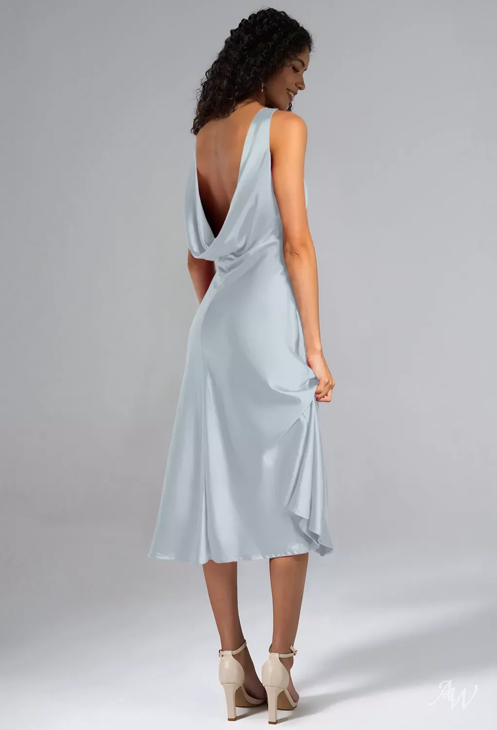 wedding guest dress baby blue AW.Bridal A-line V-Neck Tea Length Sleeveless Sheer Straps Satin Cowl Back Dresses Size 4 Rhinestone Collection Plaid dress with blueberry Size:16-16W up moment