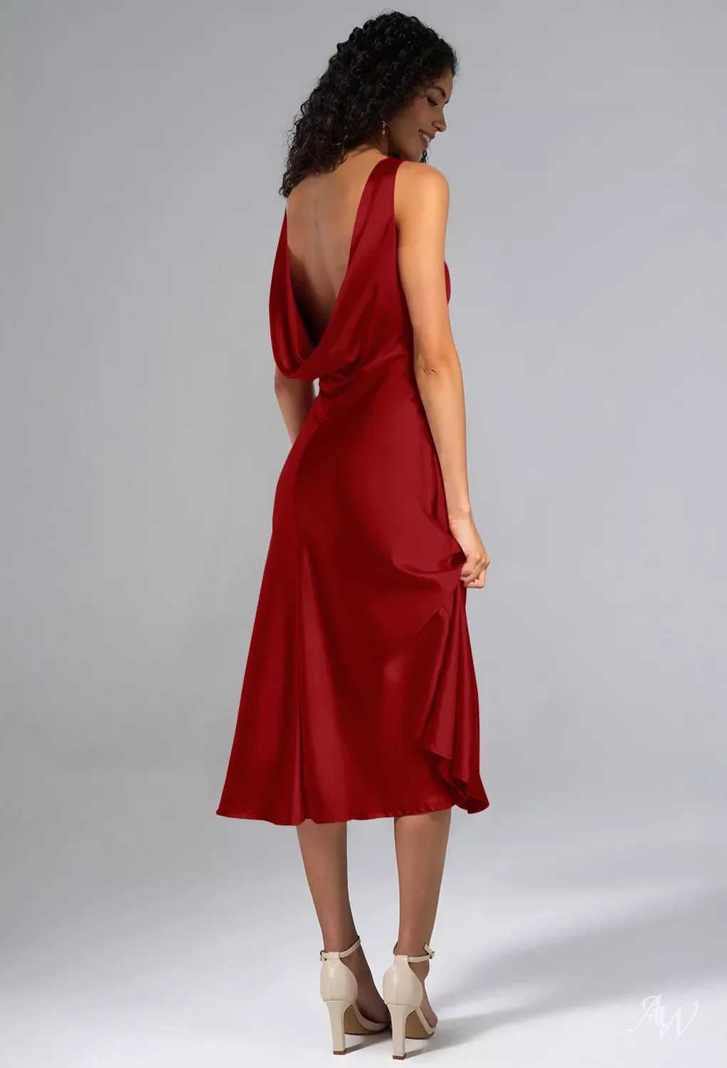 satin v neck tea length a line dress Notched Neck Sleeveless A-line Tea Length Satin Dress – Ms. Grace main image 1