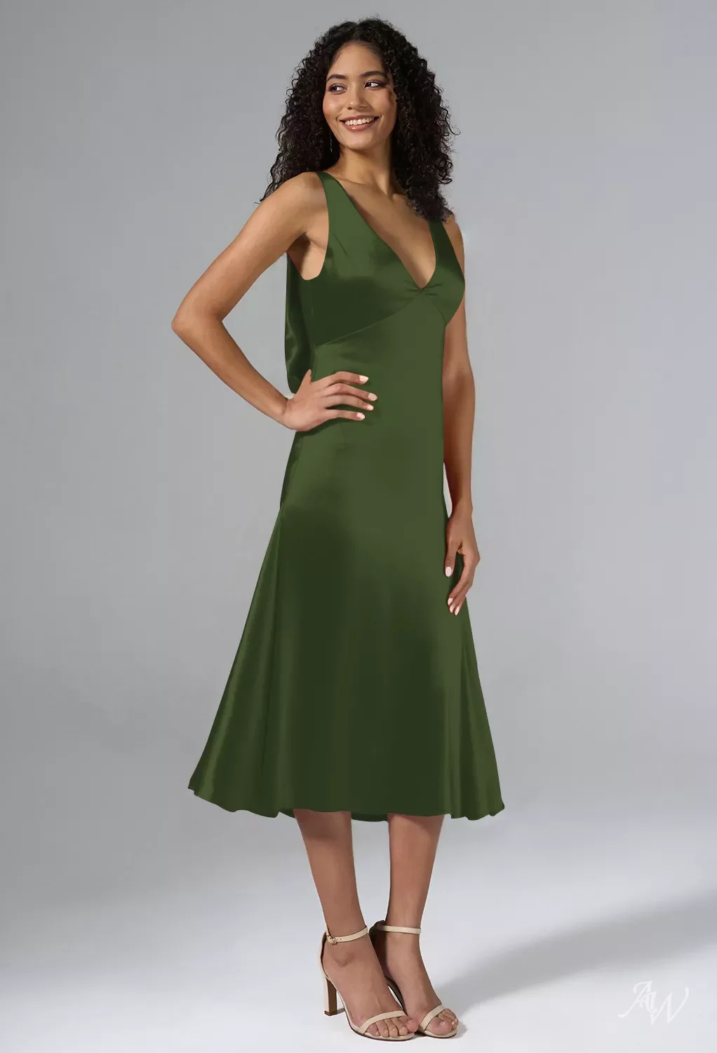 AW.Bridal A-line V-Neck Tea Length Sleeveless Sheer Straps Satin Cowl Back Wedding Guest Dresses Green Olive Size 18