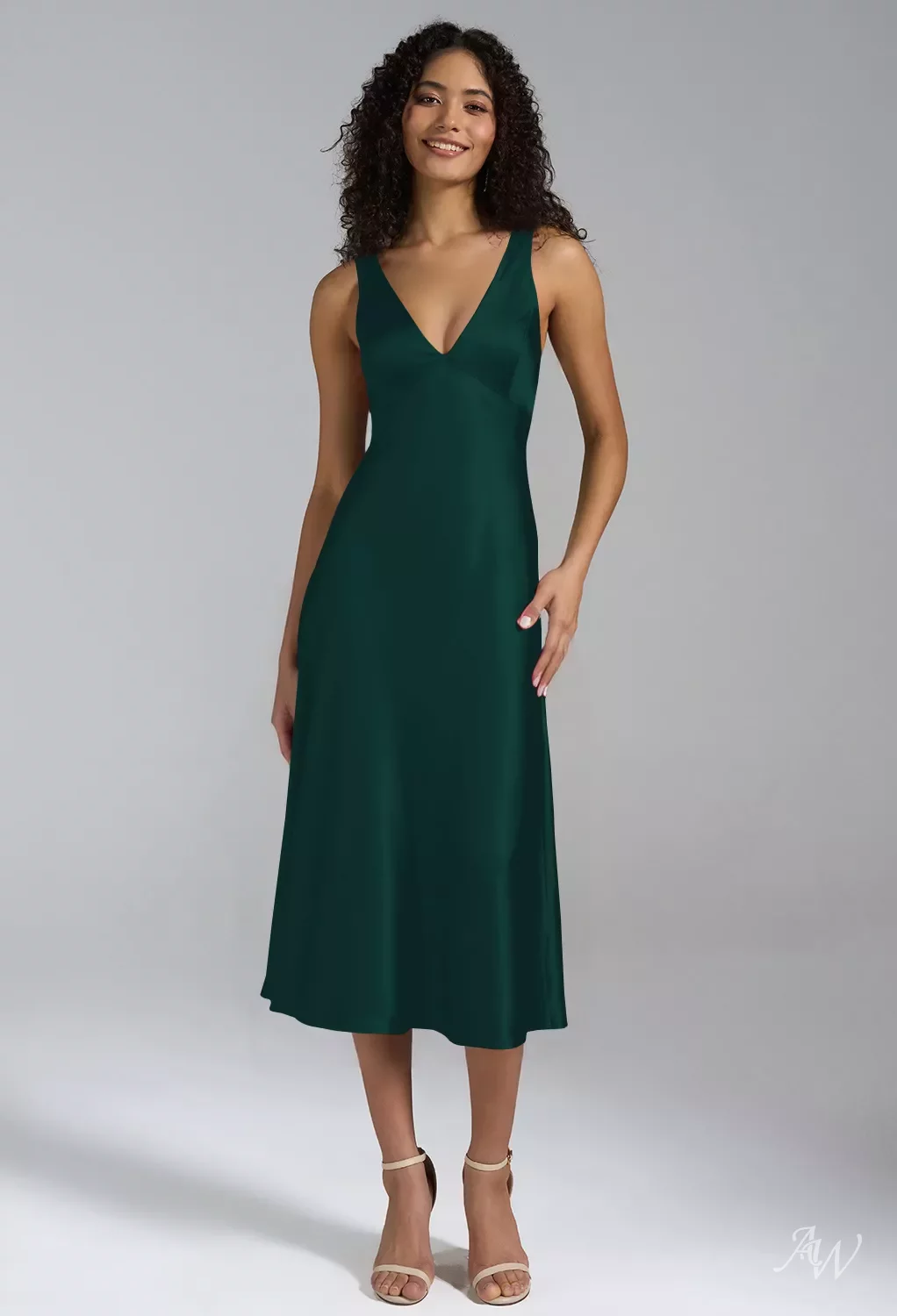 AW.Bridal A-Line V-Neck Tea Length Sleeveless Cowl Back Satin Wedding Guest Dresses Hunter Green Size 8
