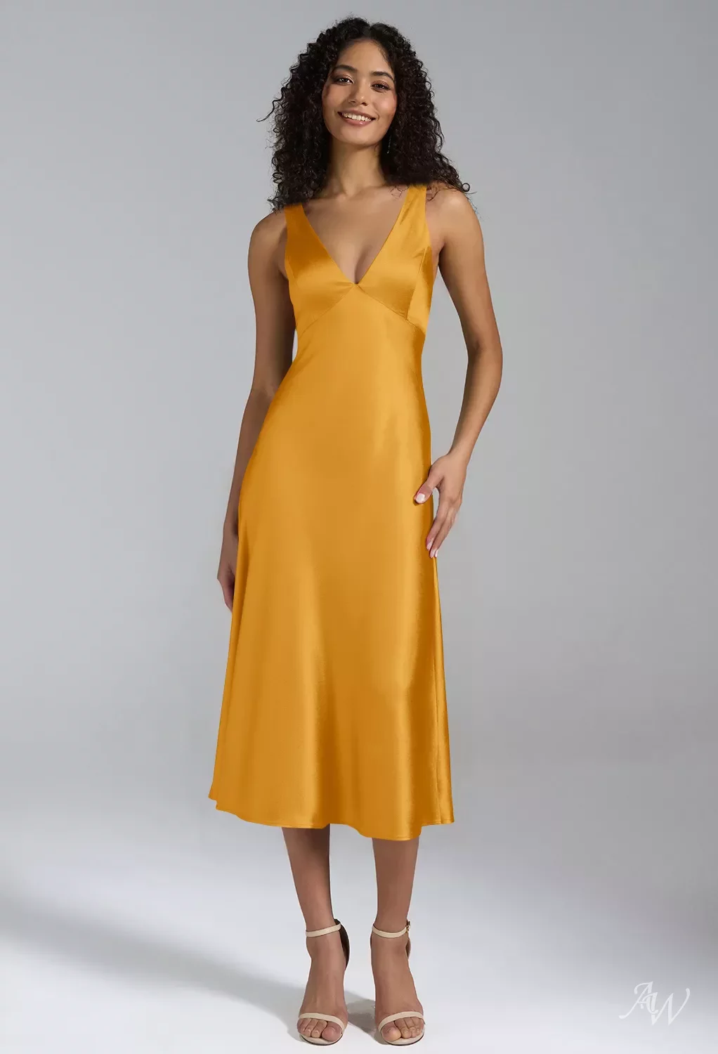 AW.Bridal A-line V-Neck Tea Length Sleeveless Cowl Back Satin Wedding Guest Dresses Mango Size 8