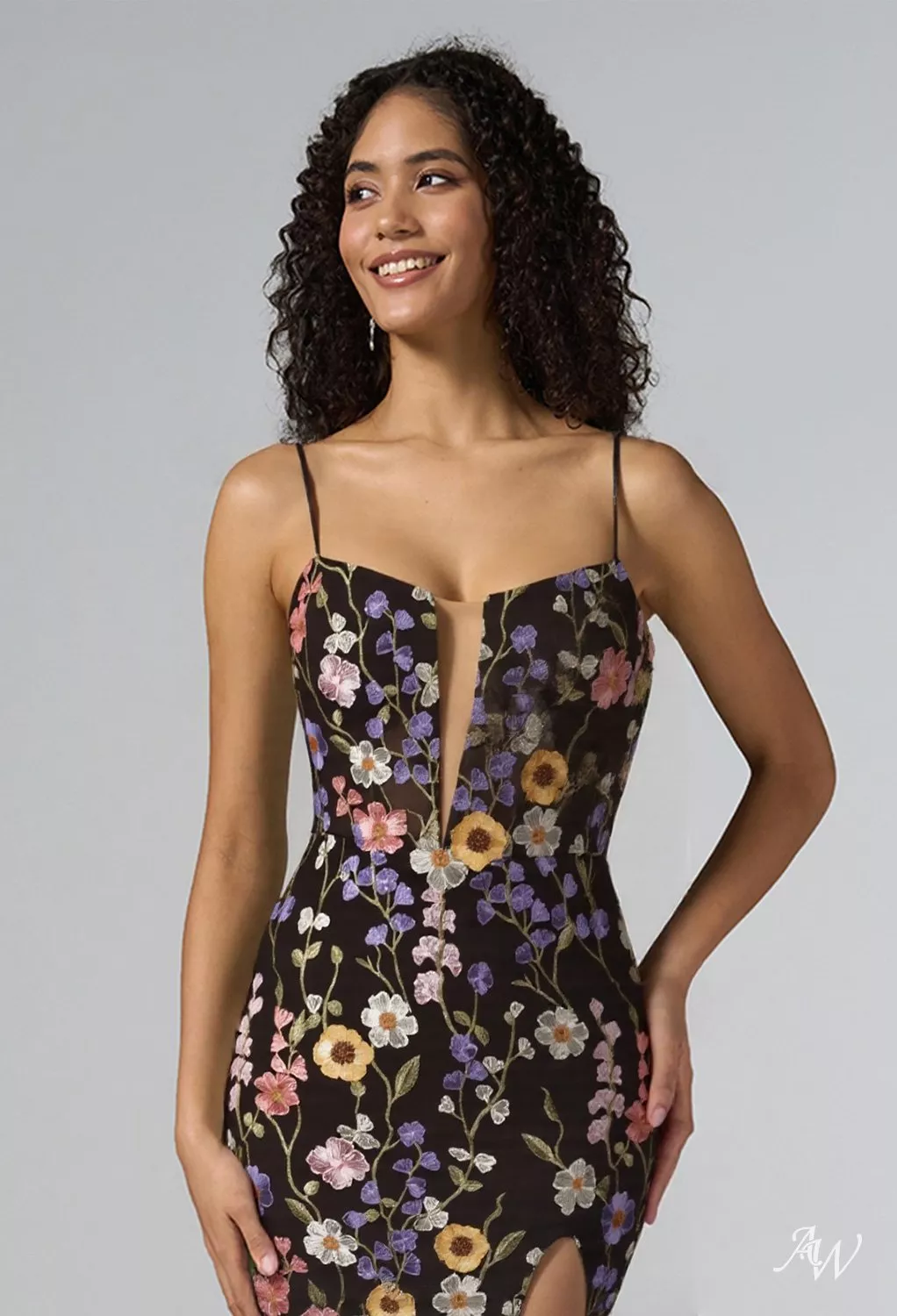 AW.Bridal Mermaid V-Neck Floor Length Sleeveless Spaghetti Straps 3D Floral Embroidered Split Prom Dresses Dress Black Size 8