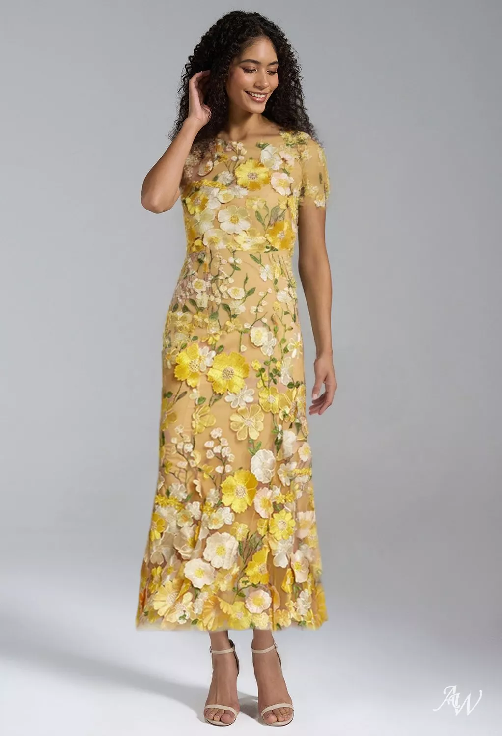 AW.Bridal Mermaid Bateau Neckline Tea Length Short Sleeves 3D Floral Embroidered Prom Dresses Dress Blazing Yellow Size 8