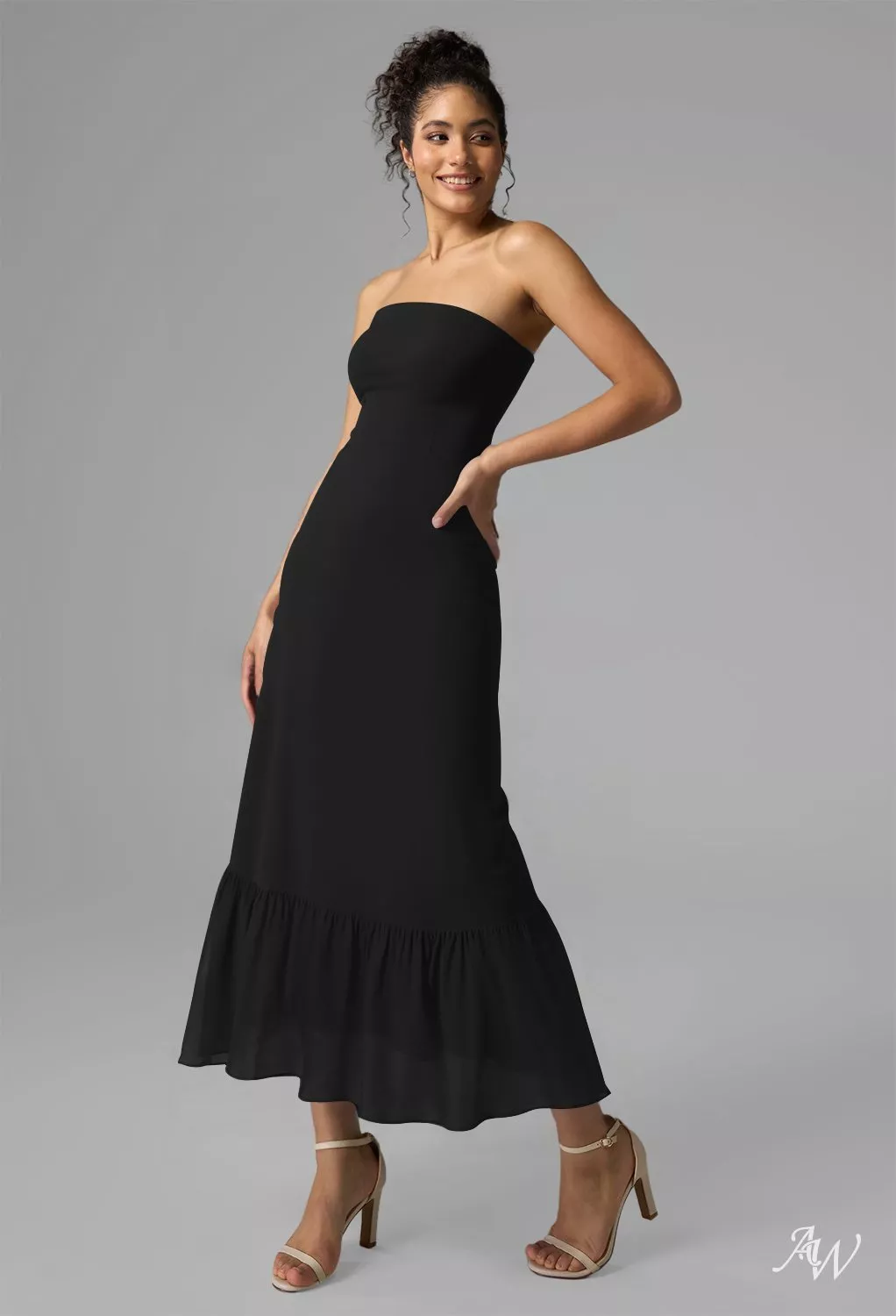 AW.Bridal Mermaid Straight Neckline Tea Length Sleeveless Ruffles Tiered Wedding Guest Dresses Dress Black Size 18