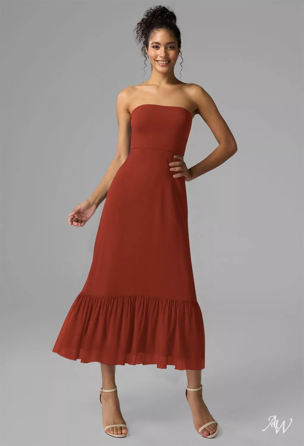AW.Bridal Mermaid Straight Neckline Tea Length Sleeveless Ruffles Tiered Wedding Guest Dresses Dress Rust Size 8