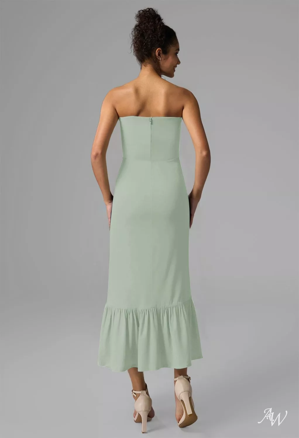 AW.Bridal Mermaid Straight Neckline Tea Length Sleeveless Ruffles Tiered Wedding Guest Dresses Dress Sage Green Size 16
