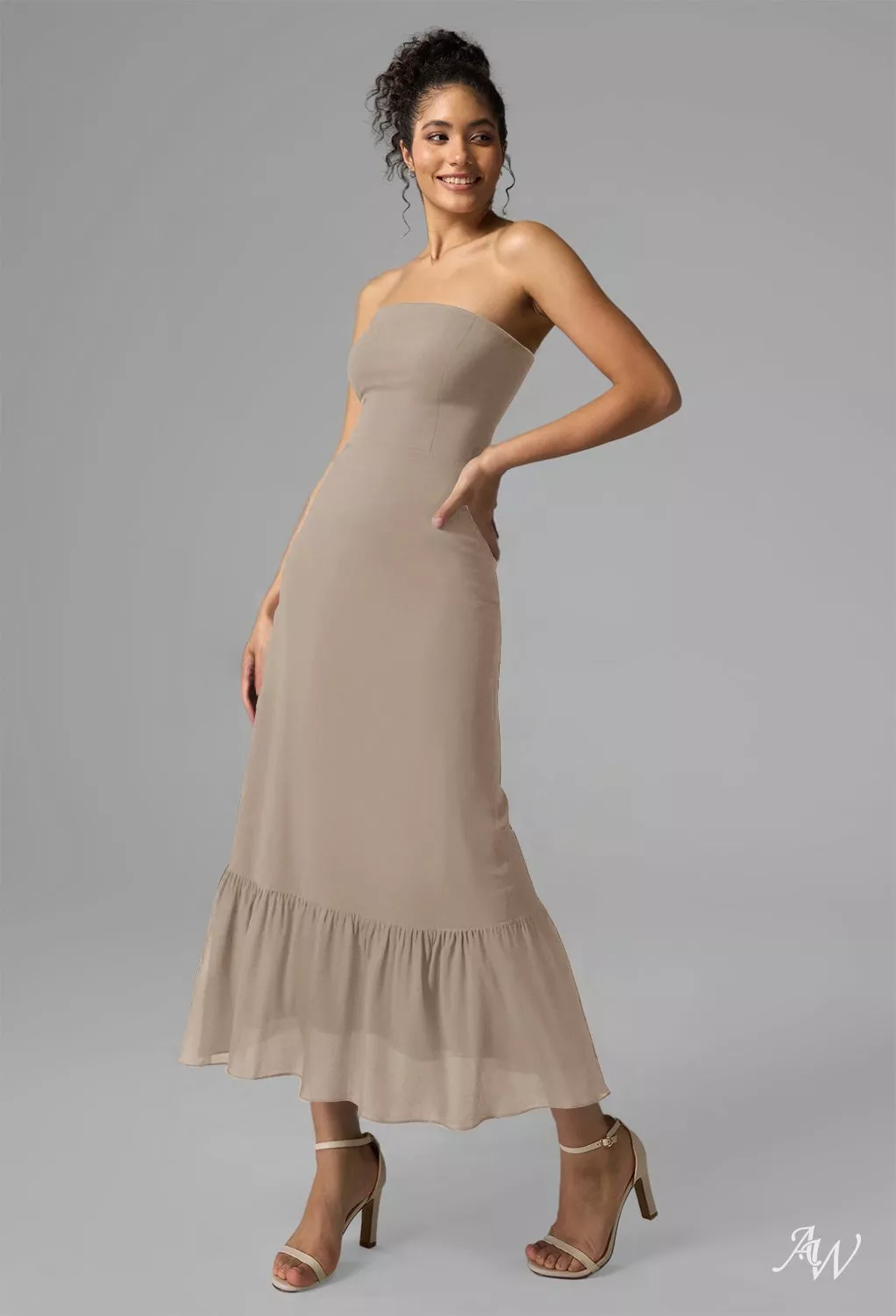 kate bridesmaid dresses AW.Bridal Mermaid Straight Neckline Tea Length Sleeveless Ruffles Tiered Wedding Guest Dresses Dress Taupe Size 8