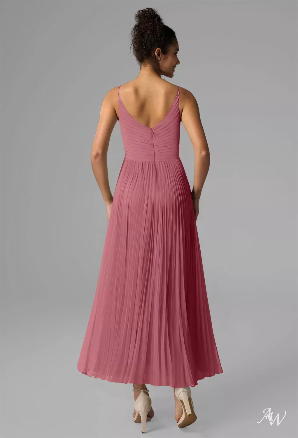 AW.Bridal A-line V-Neck Tea Length Sleeveless Spaghetti Straps Pleat Wedding Guest Dresses Dress Desert Rose Size 18