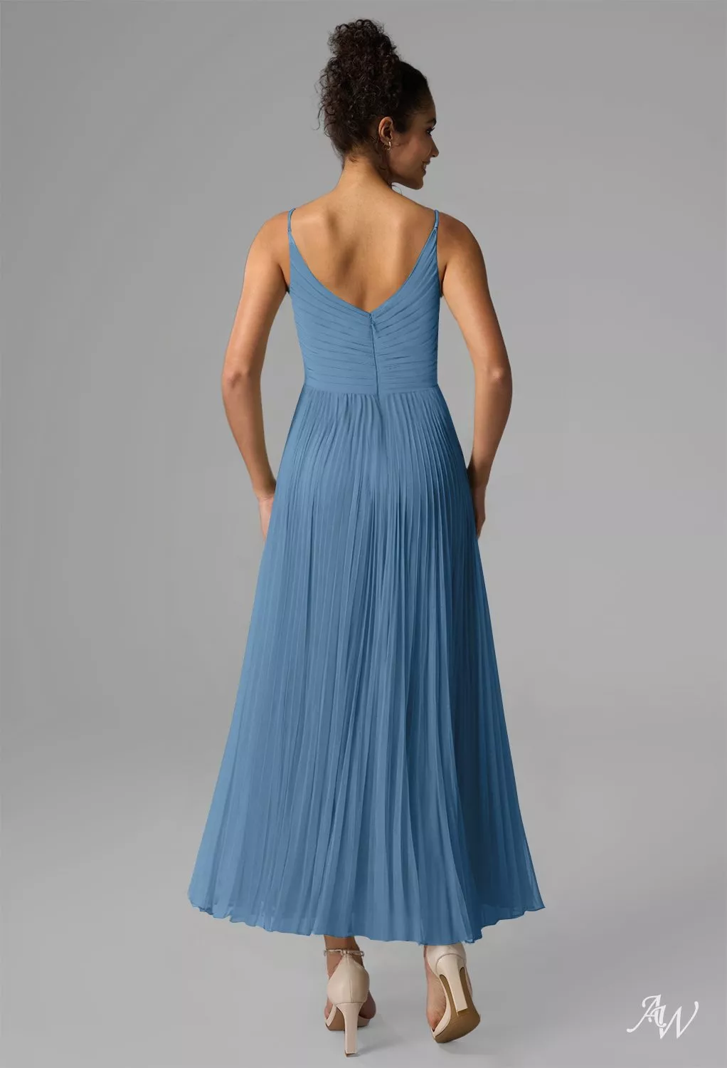 dusty blue tea length dress Ladivine 7499 Tea Length A Line Soft Satin Dress, Burgundy / 8