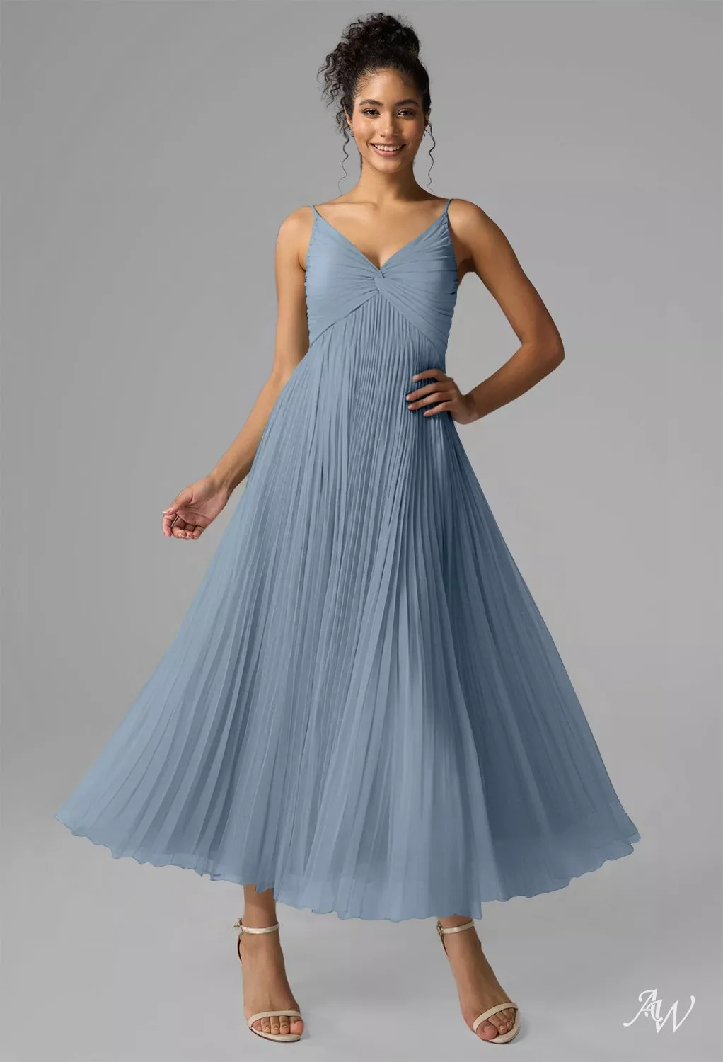 AW.Bridal A-line V-Neck Tea Length Sleeveless Spaghetti Straps Pleat Wedding Guest Dresses Dress Light Dusty Blue Size 6