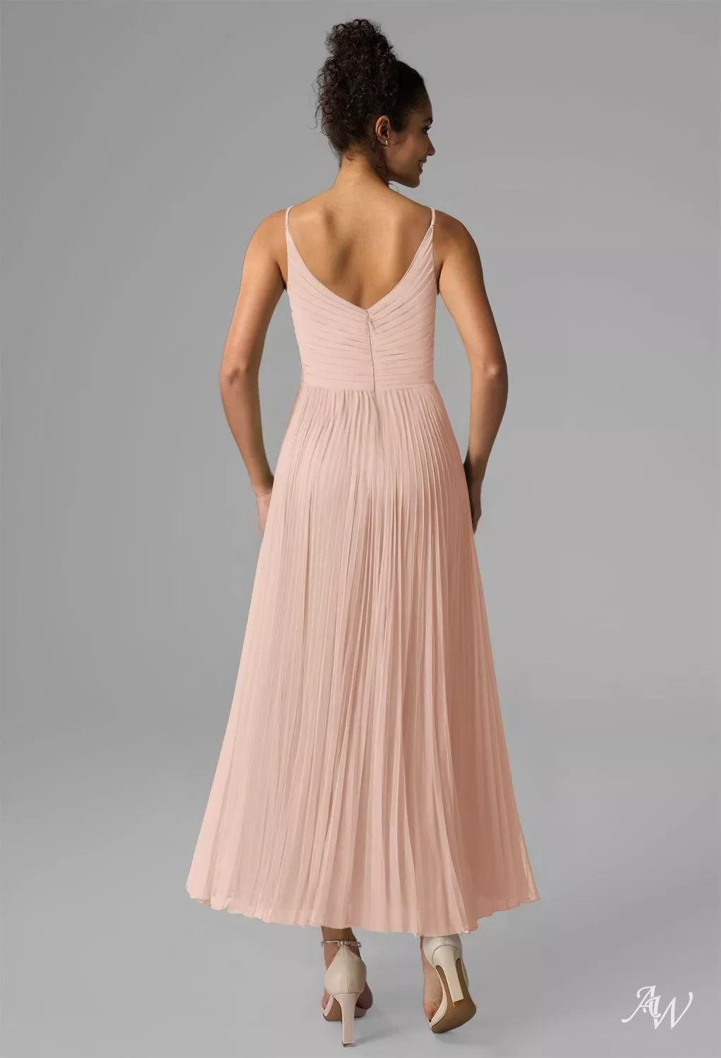 AW.Bridal A-line V-Neck Tea Length Sleeveless Spaghetti Straps Pleat Wedding Guest Dresses Dress Pearl Pink Size 8