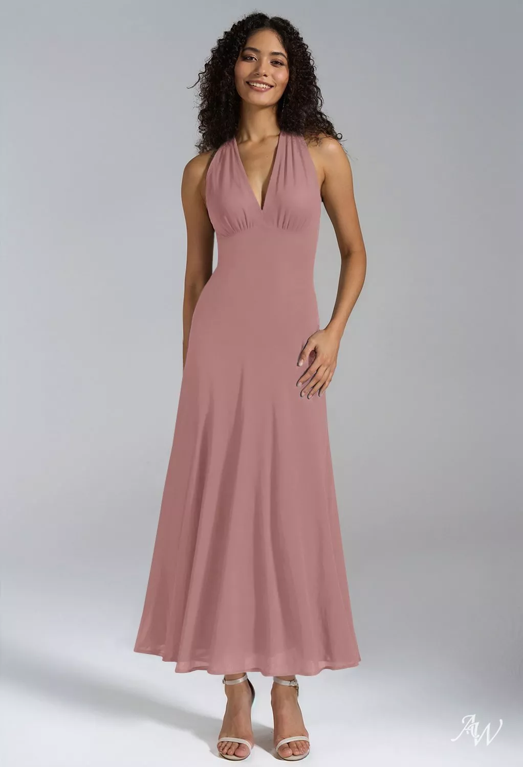 AW.Bridal A-line V-Neck Tea Length Sleeveless Wedding Guest Dresses Dress Dusty Rose Size 4