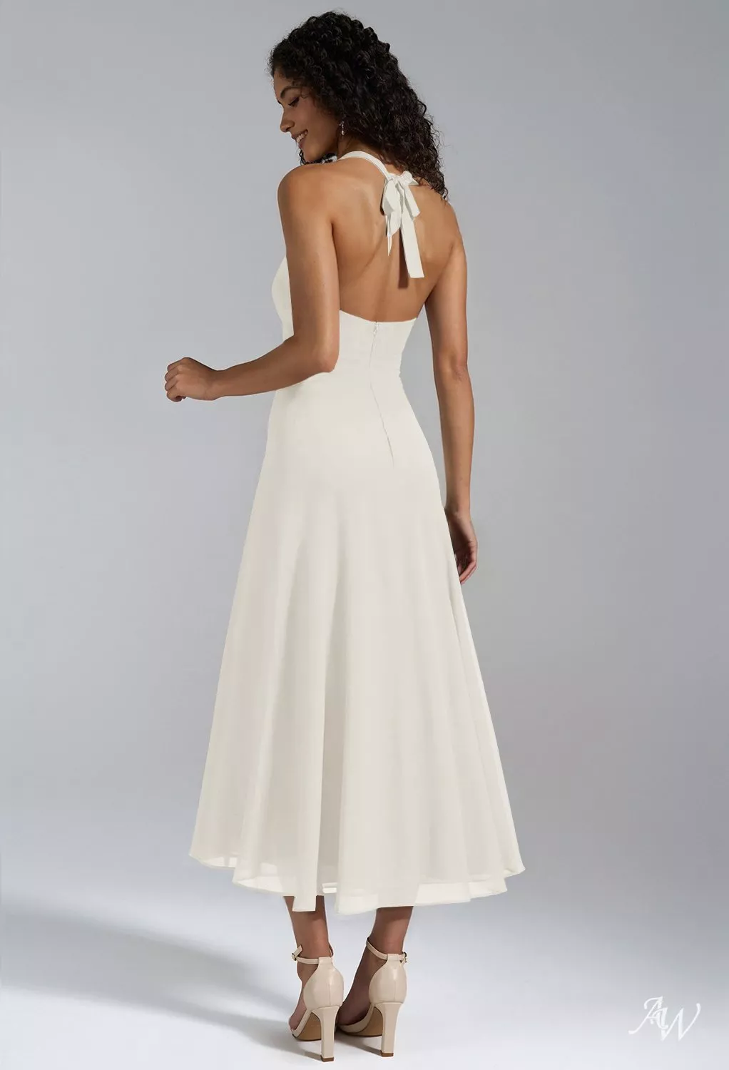 AW.Bridal A-line V-Neck Tea Length Sleeveless Wedding Guest Dresses Dress Ivory Size 18