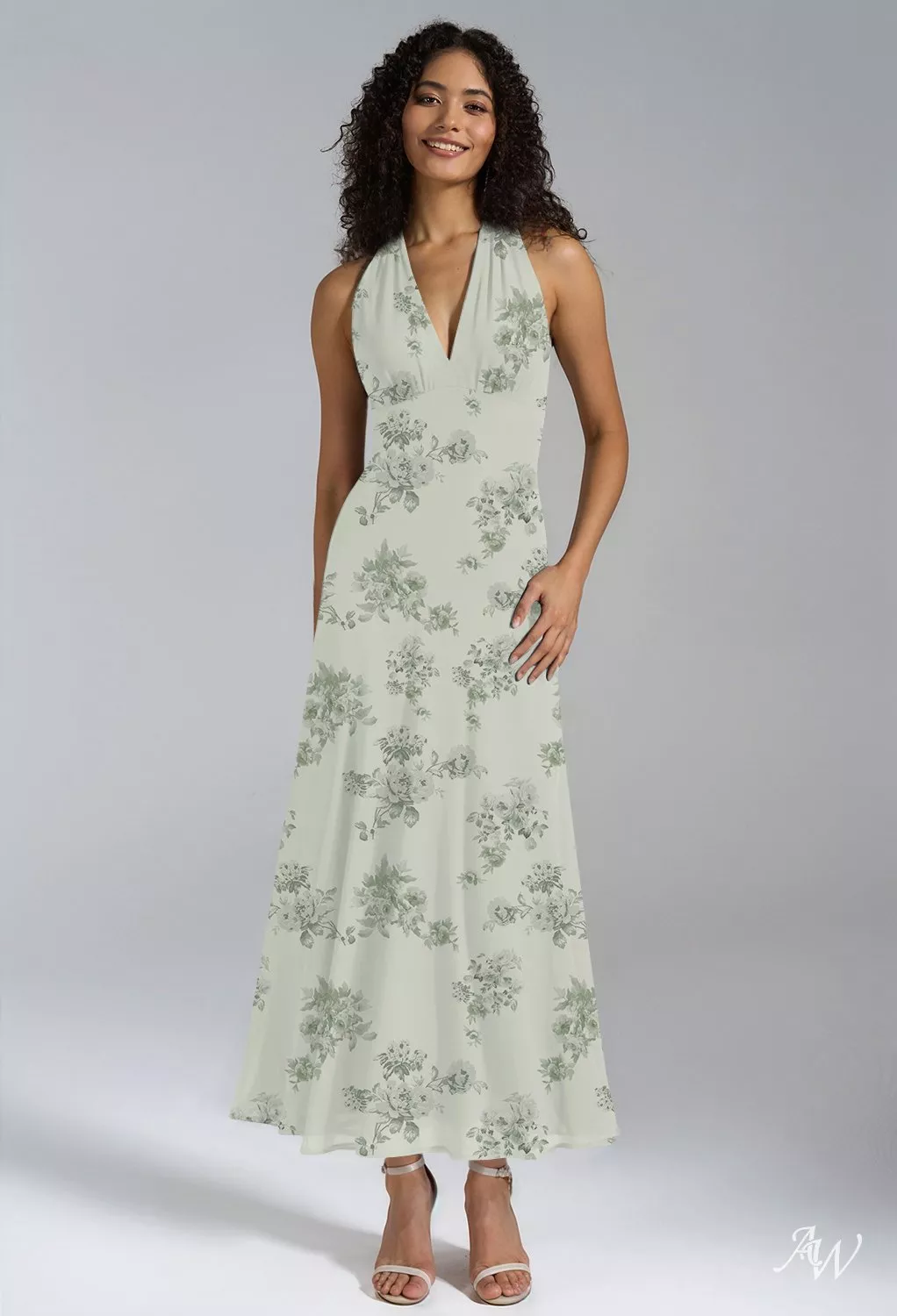 AW.Bridal A-line V-Neck Tea Length Sleeveless Chiffon Floral Wedding Guest Dresses Pistachio Green Penoy Size 4