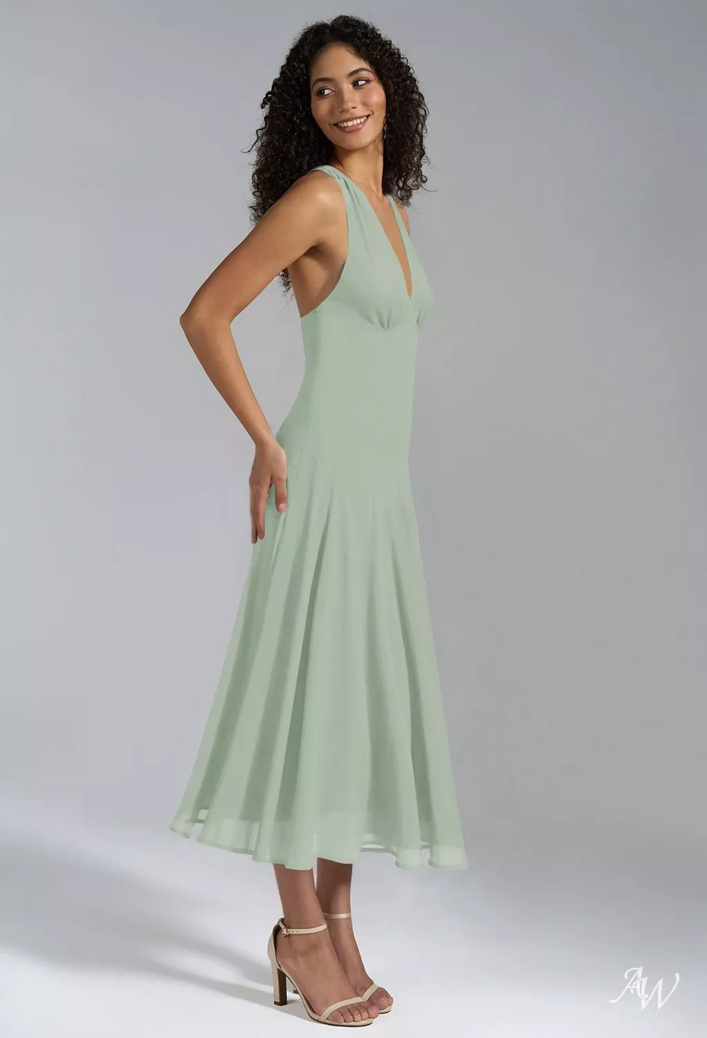 AW.Bridal A-line V-Neck Tea Length Sleeveless Wedding Guest Dresses Dress Sage Green Size 8