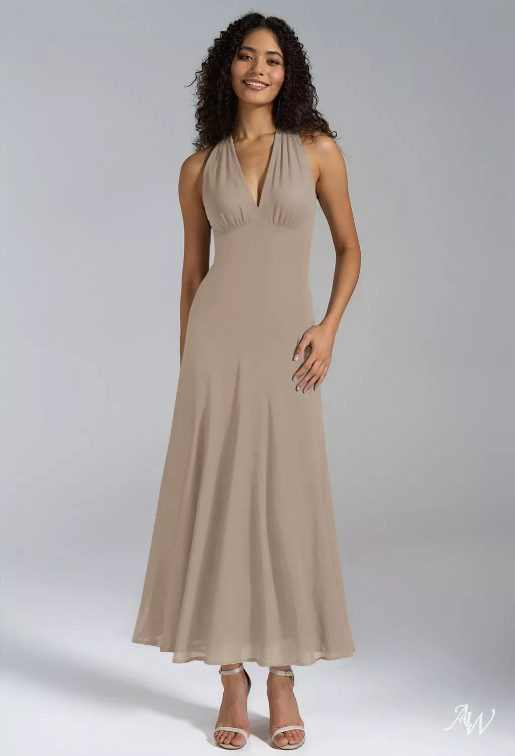 AW.Bridal A-line V-Neck Tea Length Sleeveless Chiffon Wedding Guest Dresses Taupe Size 4