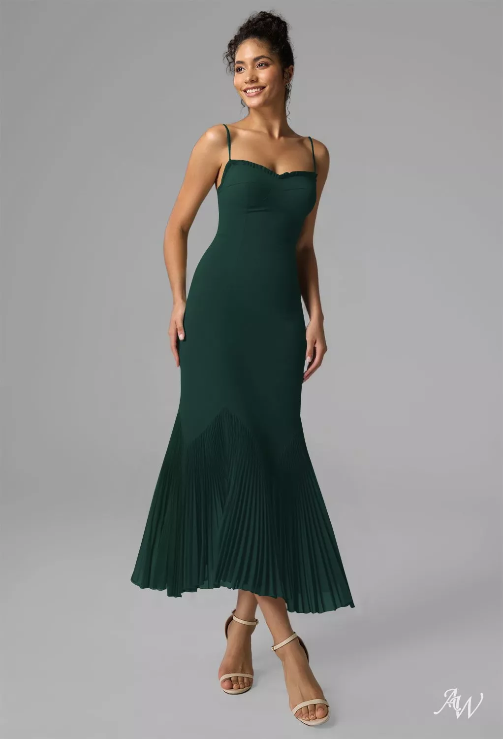 dark emerald formal dress AW.Bridal Mermaid Sweetheart Neckline Tea Length Sleeveless Spaghetti Straps Pleat Wedding Guest Dresses Size 8 elegant emerald green gown