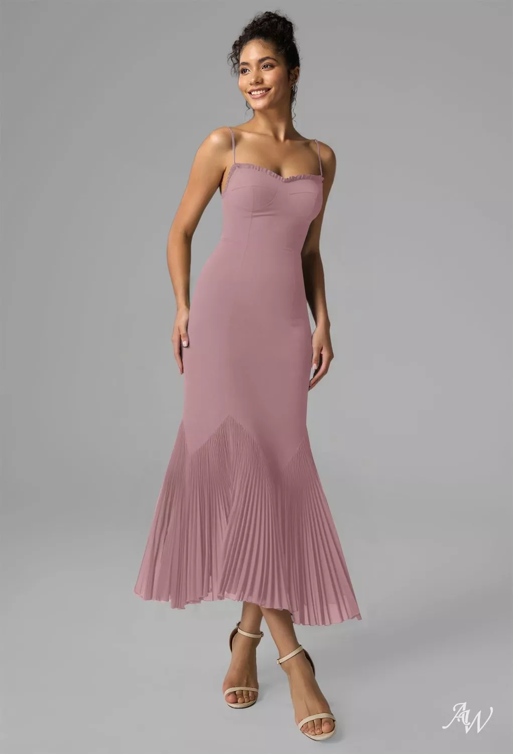 AW.Bridal Mermaid Sweetheart Neckline Tea Length Sleeveless Spaghetti Straps Pleat Wedding Guest Dresses Dress Mauve Mist Size 8