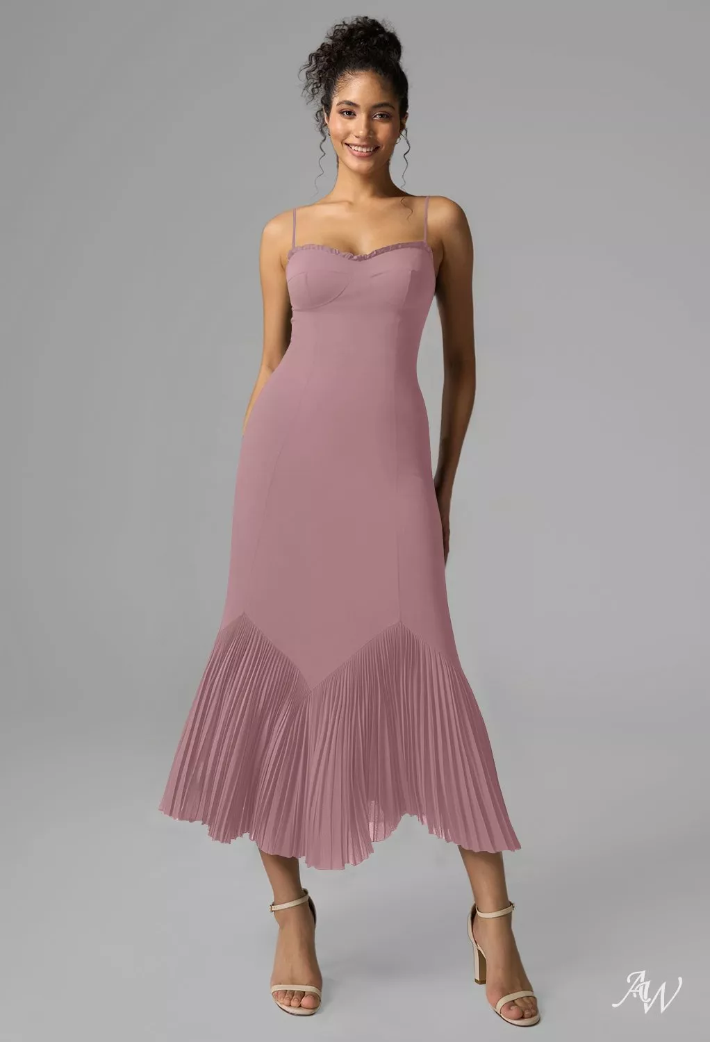 AW.Bridal Mermaid Sweetheart Neckline Tea Length Sleeveless Spaghetti Straps Pleat Wedding Guest Dresses Dress Mauve Mist Size 8