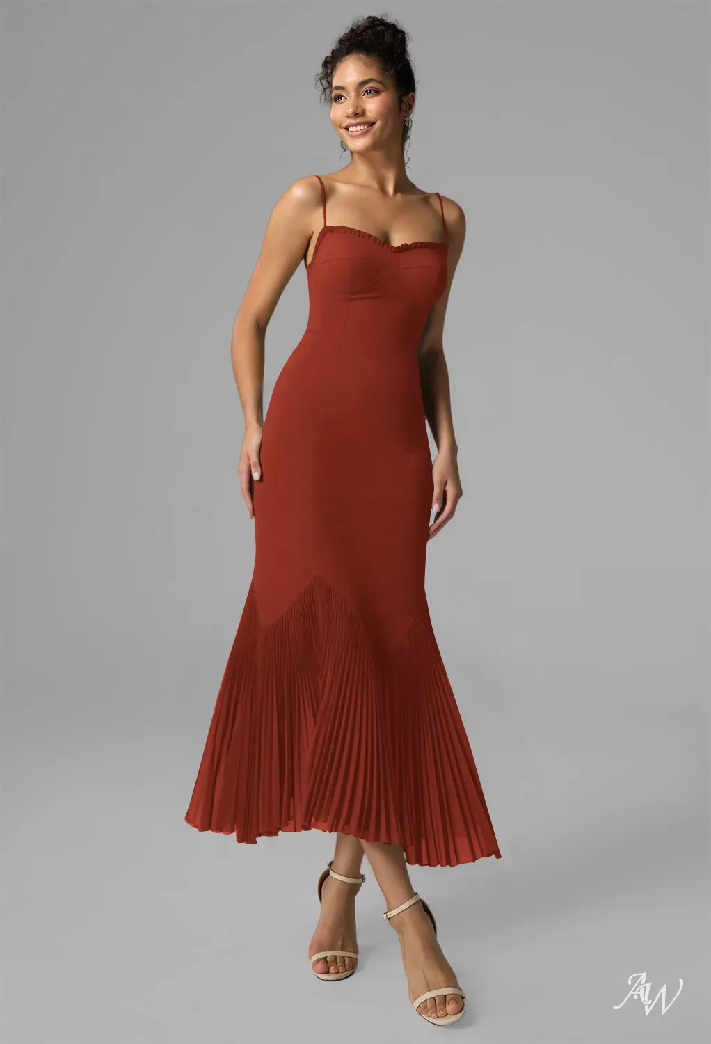 AW.Bridal Mermaid Sweetheart Neckline Tea Length Sleeveless Spaghetti Straps Pleat Wedding Guest Dresses Dress Rust Size 16