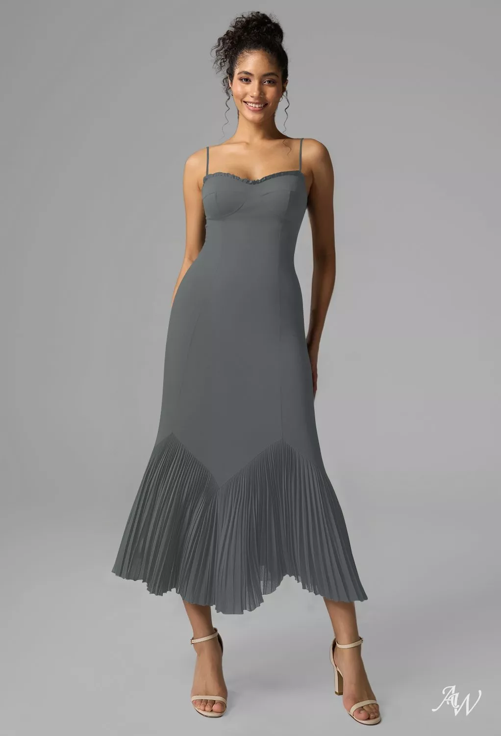 steel grey wedding dresses AW.Bridal Mermaid Sweetheart Neckline Tea Length Sleeveless Spaghetti Straps Pleat Guest Dress Gray Size 16 non-marketplace