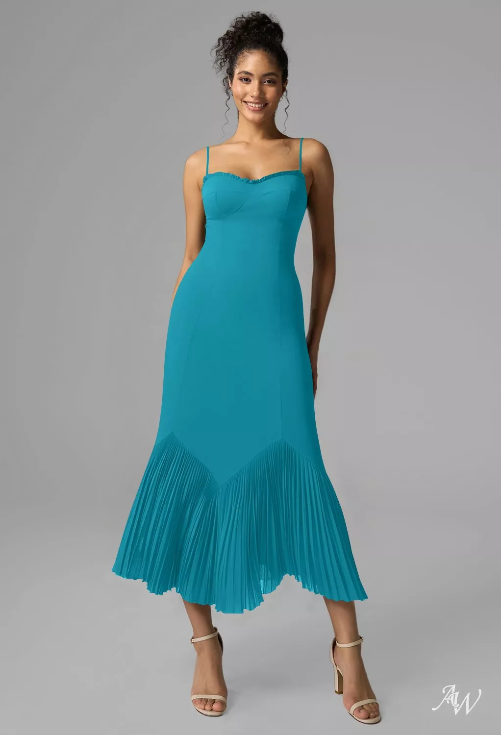 AW.Bridal Mermaid Sweetheart Neckline Tea Length Sleeveless Spaghetti Straps Pleat Wedding Guest Dresses Dress Turquoise Size 6