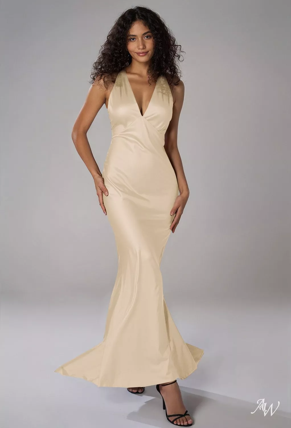 charmeuse champagne bridesmaid dresses AW.Bridal Mermaid V-Neck Floor Length Sleeveless Satin Wedding Guest Dress Size 16 gold champagne bridesmaid dresses