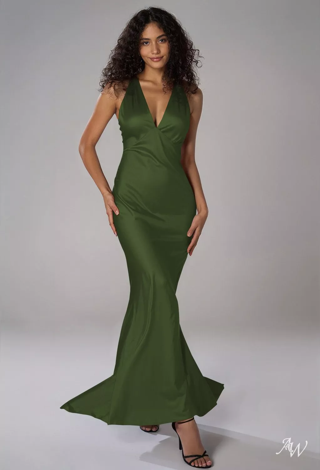 green and champagne bridesmaid dresses AW Devon Dress, Satin Charmeuse Floor Length V-Neck YGroup_25SS5426