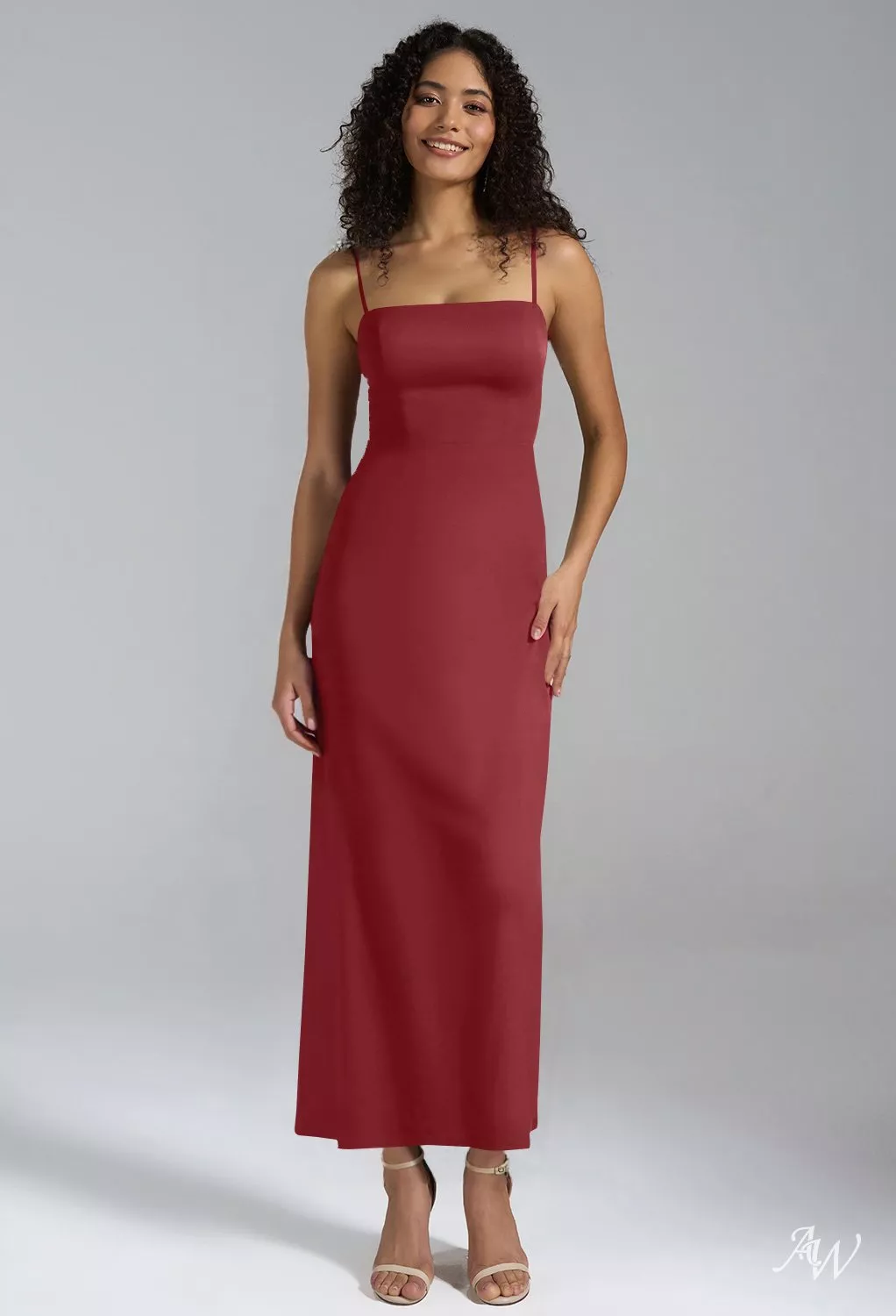 burgundy satin wedding guest dress AW.Bridal Column Square Neckline Ankle Length Sleeveless Spaghetti Straps Split Dresses Size 4 maroon satin dress with sleeves
