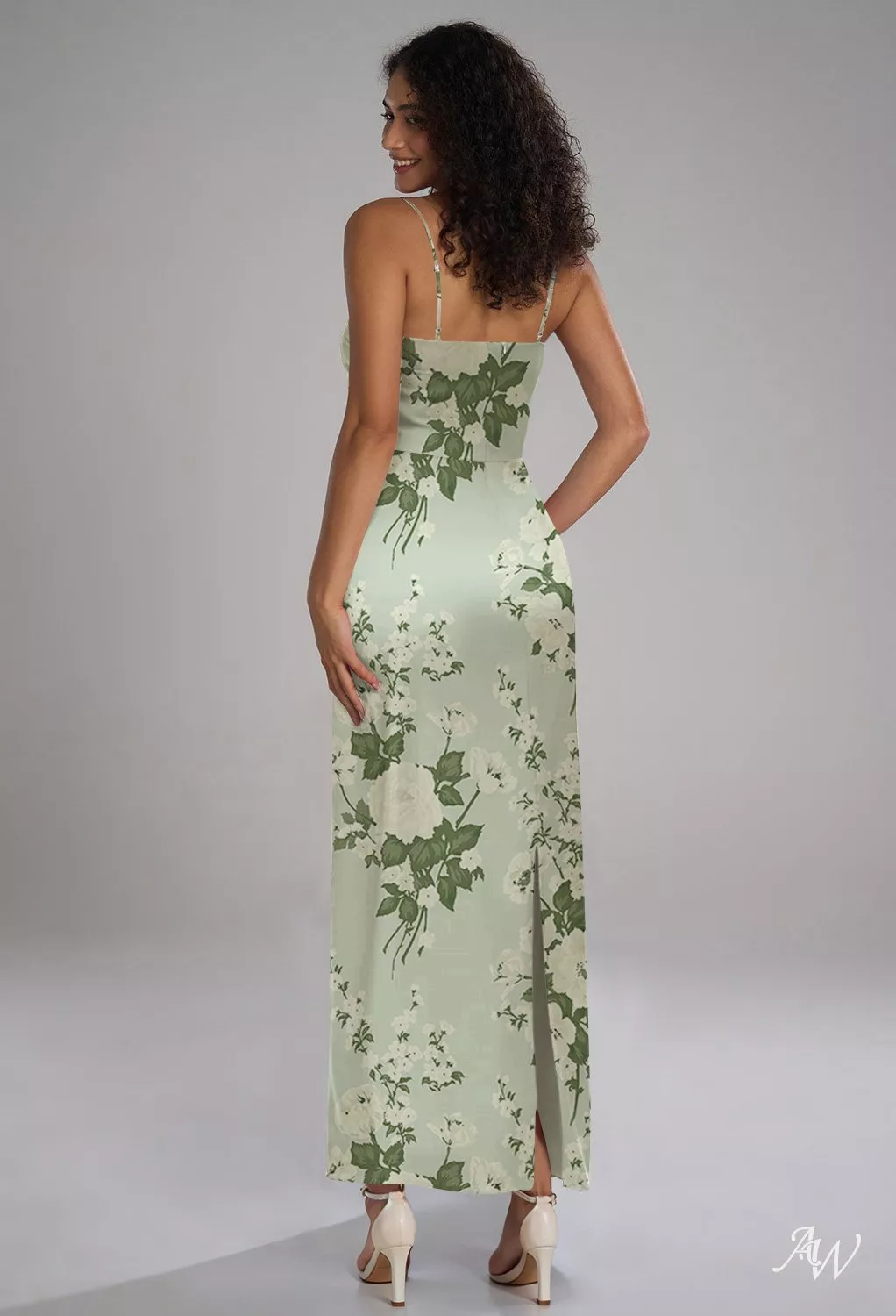 AW.Bridal Column Square Neckline Sleeveless Spaghetti Straps Satin Split Floral Wedding Guest Dresses Floral Dress Mottled Moss Green Size 8