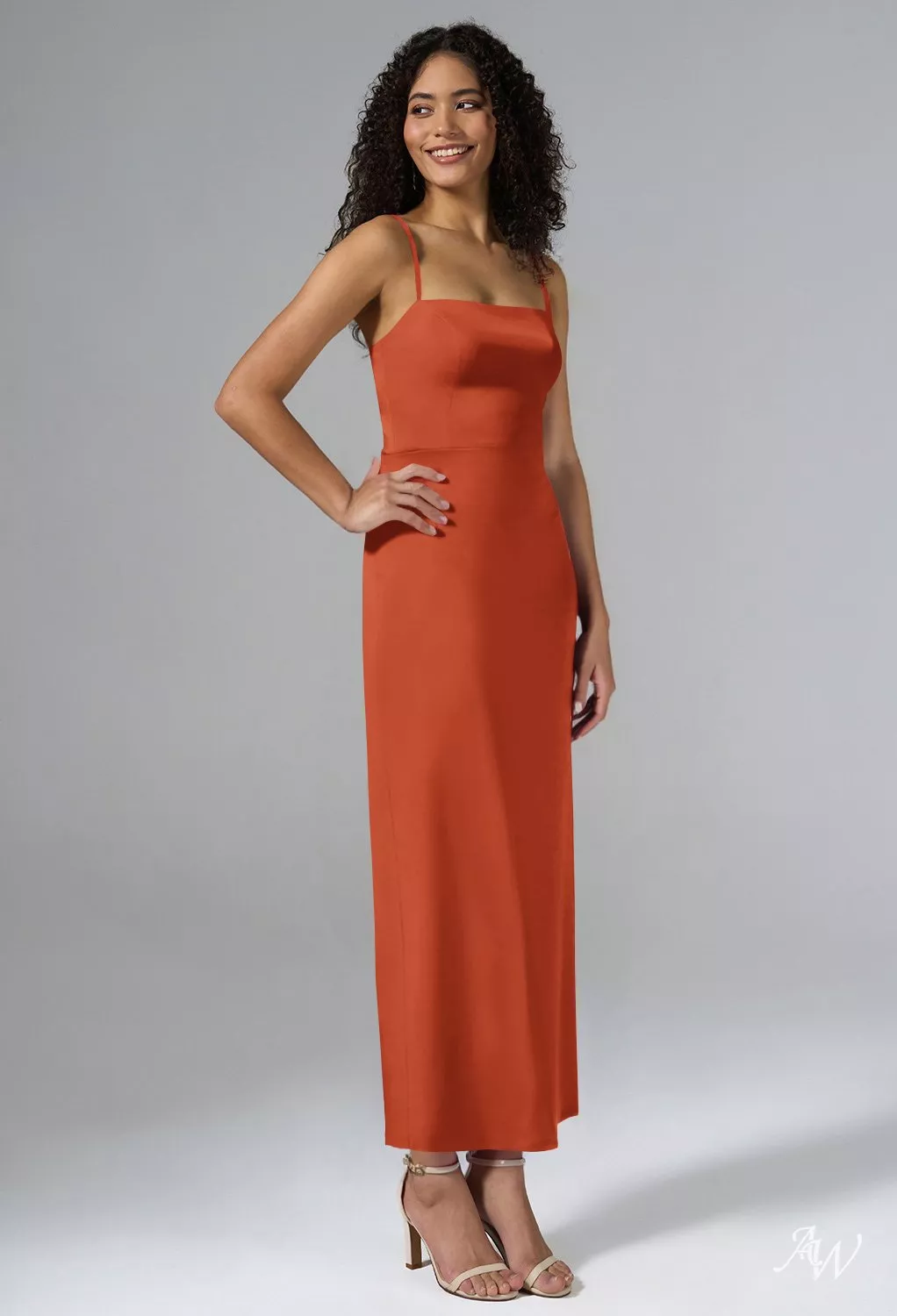 AW.Bridal Column Square Neckline Ankle Length Sleeveless Spaghetti Straps Satin Split Wedding Guest Dresses Dress Tangerine Size 18